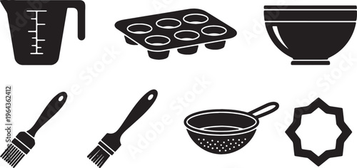Black Solid Baking Tool Silhouettes Set of Six on White Background