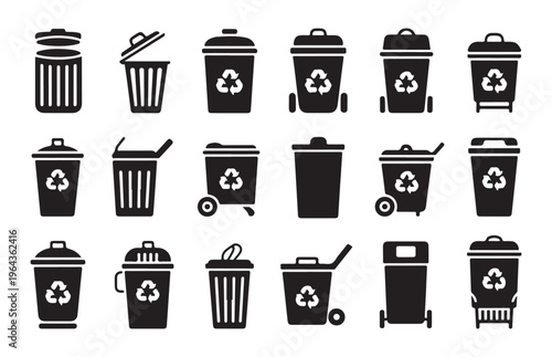 Black silhouette recycling bin icons with various shapes and sizes for professional waste management design.