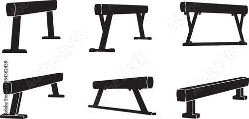 Black Solid Balance Beam Types Silhouettes Set of Six on White Background