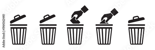 Set of black dustbin icons on white background, different designs of trash can, rubbish bin vector illustration.