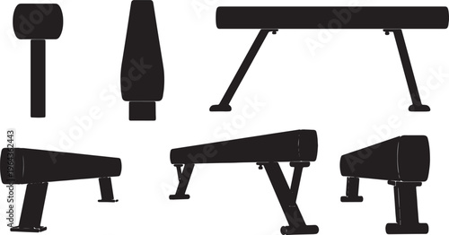 Black Solid Balance Beam Types Silhouettes Set of Six on White Background