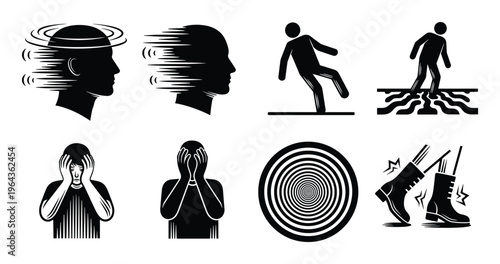Dizziness and vertigo icons set. Head spinning, loss of balance, disorientation, motion sickness illustration