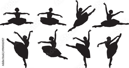 Black Solid Ballet Petit Grand Allegro Silhouettes Set of Six on White Background
