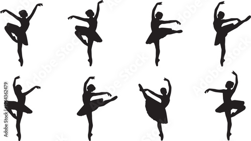 Black Solid Ballet Arabesque Silhouettes Set of Six on White Background