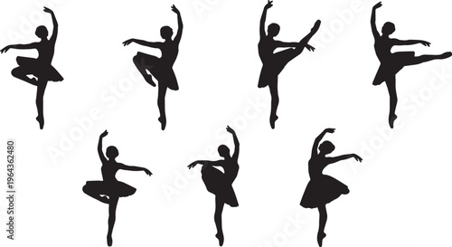 Black Solid Ballet Arabesque Silhouettes Set of Six on White Background