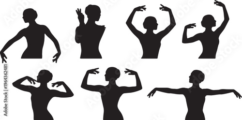 Black Solid Ballet Port de Bras Epaulement Silhouettes Set of Six on White Background
