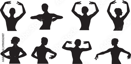 Black Solid Ballet Port de Bras Epaulement Silhouettes Set of Six on White Background