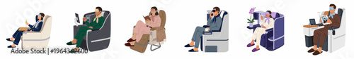 Set of illustrations showing diverse passengers relaxing in luxury first-class airplane seats with various amenities, drinks, and entertainment options.
