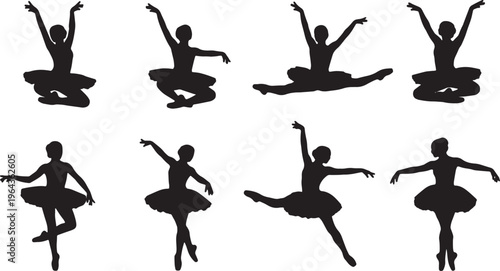 Black Solid Ballet echappe Soubresaut Silhouettes Set of Six on White Background