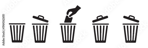 Set of black dustbin icons on white background, different designs of trash can, rubbish bin vector illustration.