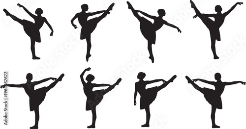 Black Solid Ballet Frappe Developpe Silhouettes Set of Six on White Background