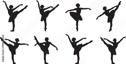 Black Solid Ballet Frappe Developpe Silhouettes Set of Six on White Background