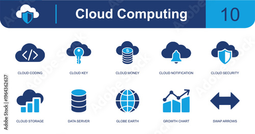 Cloud computing icon set. Containing cloud coding, cloud key, cloud money, cloud notification, cloud security, cloud storage, server, globe, growth chart and more. Solid fill vector icons.