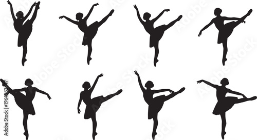 Black Solid Ballet Frappe Developpe Silhouettes Set of Six on White Background