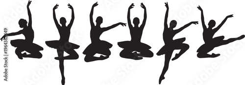 Black Solid Ballet Temps Leve Sissonne Silhouettes Set of Six on White Background