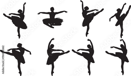 Black Solid Ballet Grand Jete Developpe Silhouettes Set of Six on White Background
