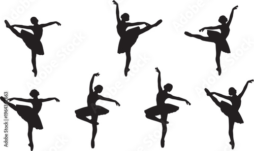 Black Solid Ballet Grand Jete Developpe Silhouettes Set of Six on White Background