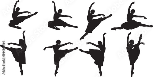 Black Solid Ballet Grand Jete Developpe Silhouettes Set of Six on White Background