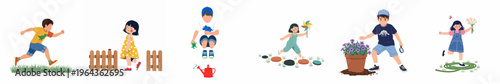 Collection of diverse children enjoying various outdoor summer activities and gardening in a playful, illustrated style.