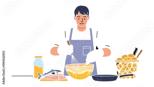 Chef's culinary creation: A skilled chef meticulously prepares a delectable dish, whisking ingredients together with precision and care in kitchen setting.