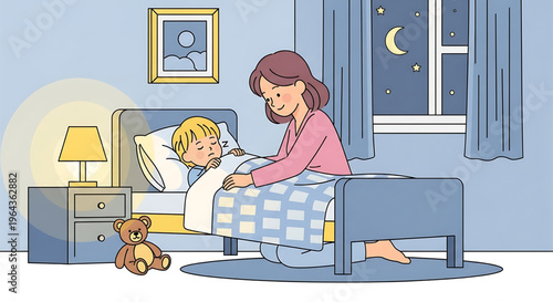 A loving mother gently tucks her young child into bed at night, fostering a peaceful and comforting bedtime routine under the soft glow of a lamp and the starlit sky