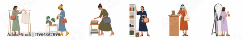 Various scenes of women shopping for ethical and fair trade clothing and home goods in a modern, minimalist flat illustration style.