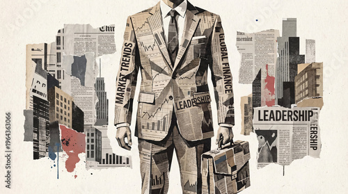 Businessman abstract newspaper overlay suit concept. Creative illustration of a businessman representing leadership.