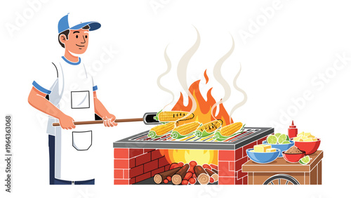 Chef Grilling Corn on the Cob: A skilled chef meticulously grills succulent corn on the cob over a flaming barbecue, crafting a mouthwatering summer treat.