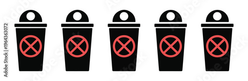 Five black trash cans with red prohibition signs inside isolated on white background for no dumping or waste disposal concept.