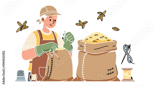 Artisan at Work: An artisan meticulously sews a grain sack. This depicts traditional craftsmanship in the process of agriculture.