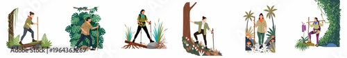 Flat illustration set of women hiking and exploring diverse outdoor terrains such as jungles and forests, featuring trekking poles and natural elements.