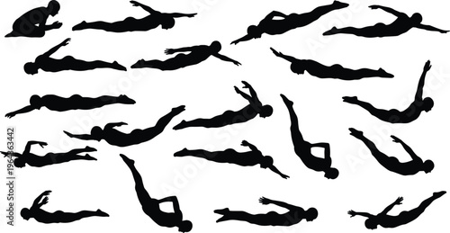 Swimming silhouette collection, diving poses, aquatic motion, underwater strokes, fitness training, sport illustration, human movement, vector art, water activity