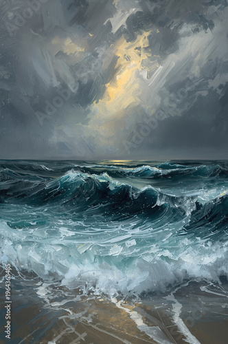 Dynamic, expressive oil painting of powerful ocean waves beneath a dramatic sky