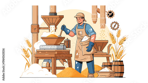Artisan in the Flour Mill: An artisan diligently operates a traditional flour mill, skillfully guiding the process of grinding grains into fine flour amidst the rustic charm of wooden machinery.