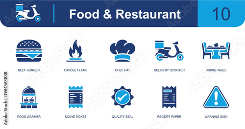 Food and restaurant icon set. Containing burger, chef hat, delivery scooter, dining table, food warmer, receipt, quality seal, menu service, flame and more. Solid fill vector icons.