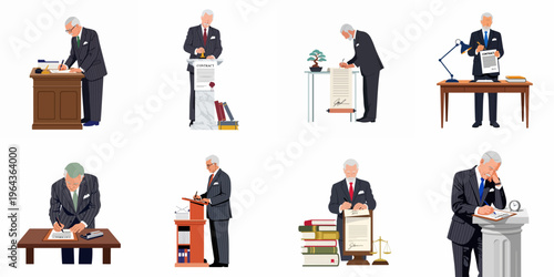 Collage of senior businessmen and officials in suits signing various legal contracts, documents, and scrolls in formal professional settings.