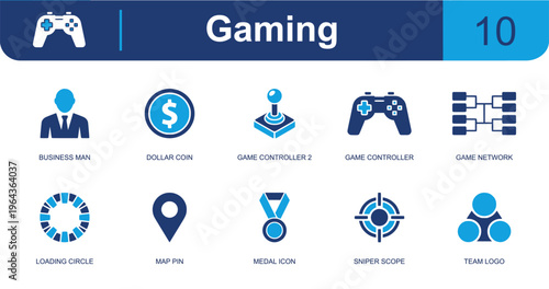 Gaming and esports icon set. Containing game controller, joystick, tournament bracket, medal, target scope, team logo, loading circle, coin and map pin and more. Solid fill vector icons.