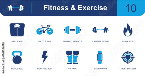 Fitness and exercise icon set. Containing bath scale, bicycle, dumbbell, barbell, flame, kettlebell, lightning bolt, six pack, smart watch, target and more. Solid fill vector icons.