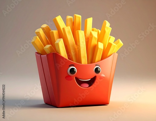A cute, cartoon-style depiction of a smiling red container filled with golden-yellow, delicious-looking French fries
