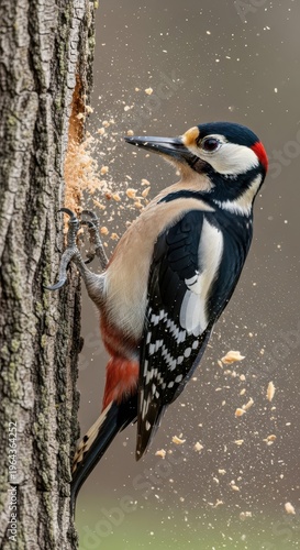 Brightly colored bird pecks into rough tree bark, scattering wood shavings into the air.