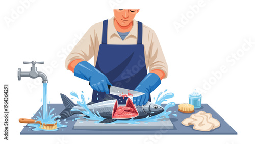 Fishmonger's Precision: A skilled individual meticulously cuts a fresh fish, revealing its succulent flesh. Set against a backdrop that evokes the freshness of the sea.