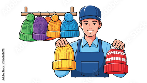 Stylish Vendor and Warm Collection: A friendly vendor showcases a vibrant array of colorful winter hats, each promising warmth and style, perfect for the cold season.