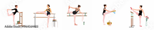 Set of minimalist flat illustrations of a ballerina stretching and practicing at a ballet barre, wearing a black leotard and pink tights.