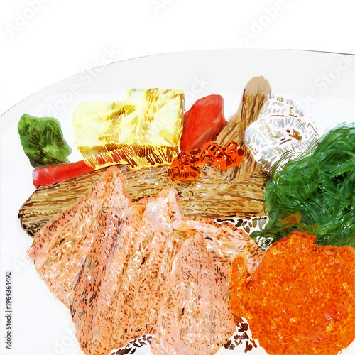 Hand-painted Aburi Salmon Donburi with seared salmon, unagi, ikura, tamagoyaki and seaweed salad, isolated on transparent background