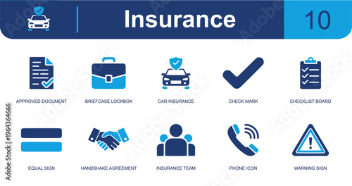 Insurance icon set. Containing approved document, lockbox, car insurance, check mark, checklist, handshake, insurance team, phone support, warning sign and more. Solid fill vector icons.