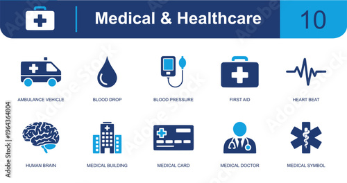 Medical and healthcare icon set containing ambulance, blood drop, blood pressure, first aid kit, heartbeat, brain, hospital, doctor, medical card and more, solid fill vector icons.
