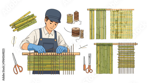 Crafting Bamboo: A skilled artisan meticulously weaves bamboo strips, transforming natural resources into intricate art. The image encapsulates the art of weaving and the beauty of handcrafted goods.