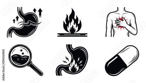 Heartburn disease, stomach acid reflux, inflammation, digestion problems and medicine illustration