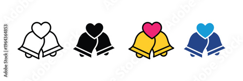 Golden wedding bells with heart for marriage ceremony, romantic celebration and love anniversary icon set. Bridal ring and engagement party symbol. Vector Illustration.