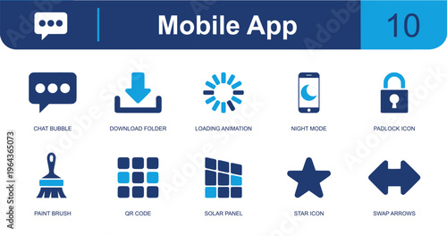 Mobile app icon set. Containing chat bubble, download folder, loading animation, night mode, padlock icon, paint brush, QR code, star icon, swap arrows and more. Solid fill vector icons.
